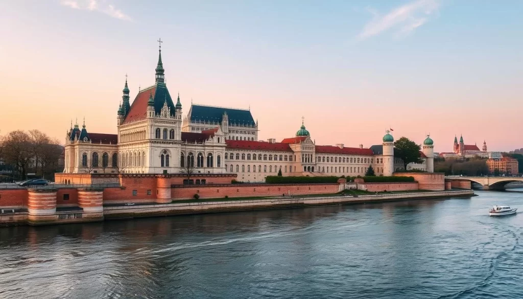 Generate an image of Wawel Castle with its stunning architecture and the Vistula River in the background.