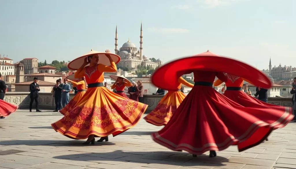 Generate an image of Whirling Dervishes performing their traditional dance in a historic Istanbul setting.