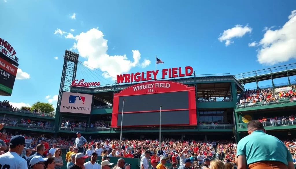 Generate an image of Wrigley Field during a sunny day with the iconic scoreboard and lively crowd.