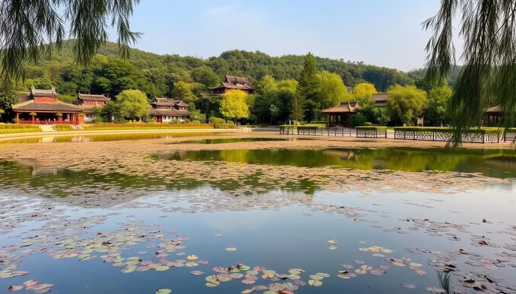 Generate an image of Yiwu Wet Pond's serene lake and picturesque surroundings.