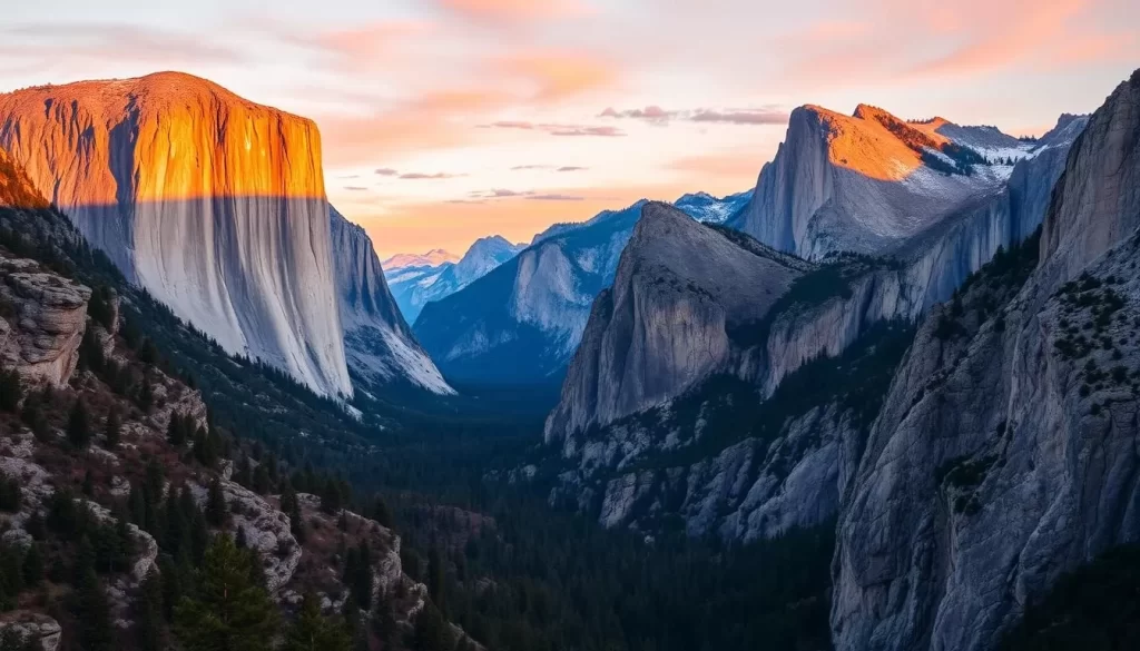 Generate an image of Yosemite National Park's granite cliffs at sunrise