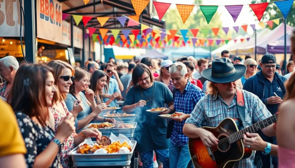 Generate an image of a BBQ festival with attendees enjoying barbecue and live blues music.