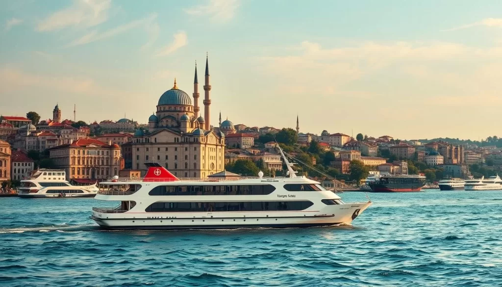 Generate an image of a Bosphorus cruise ship sailing past historic Istanbul landmarks.