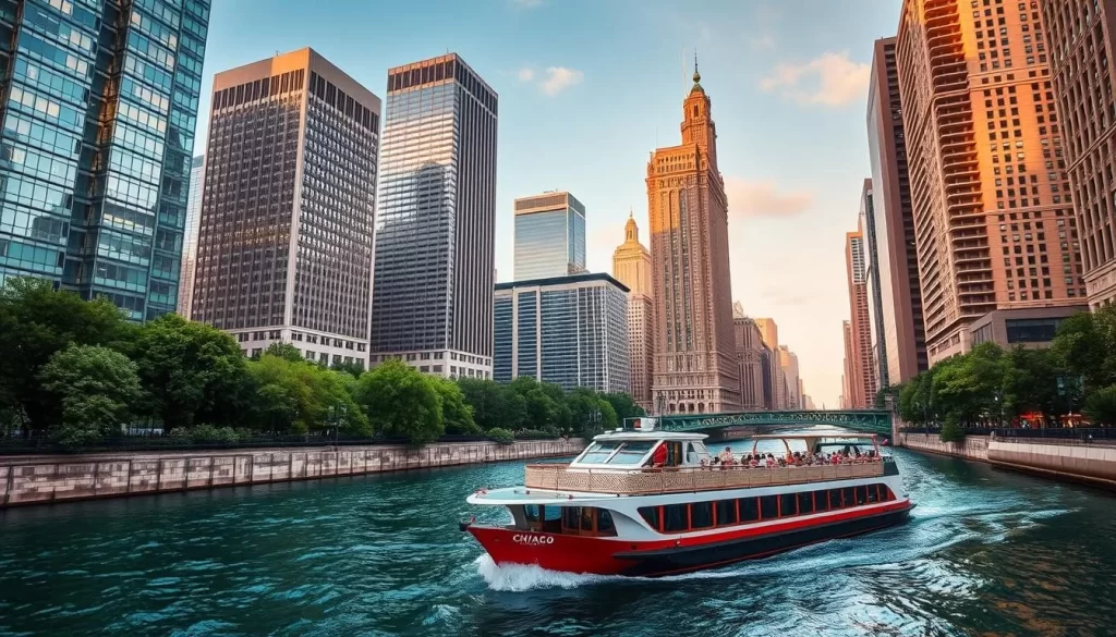 Generate an image of a Chicago Architecture River Cruise boat on the Chicago River.