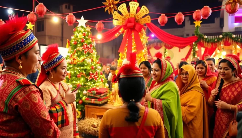 Generate an image of a Christmas celebration in Mizoram, blending traditional Mizo elements with Christian practices.