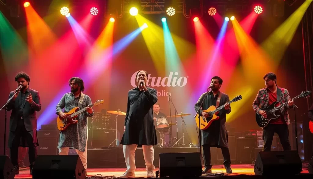 Generate an image of a Coke Studio Pakistan performance featuring diverse artists.