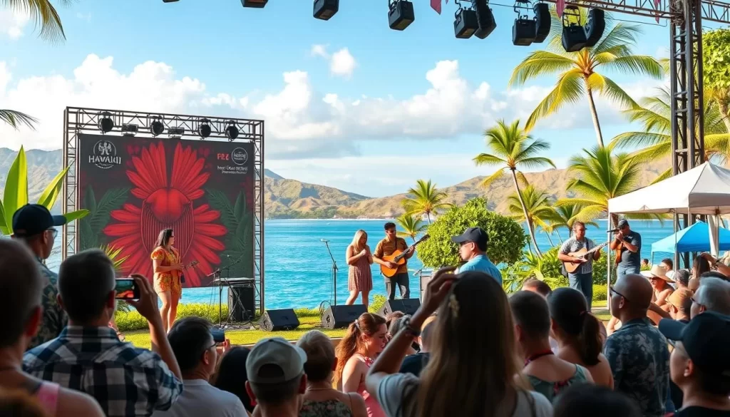 Generate an image of a Hawaiian music festival with traditional and contemporary performers.
