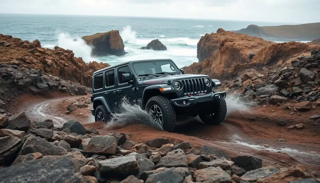 Generate an image of a Jeep navigating a rugged coastal terrain.
