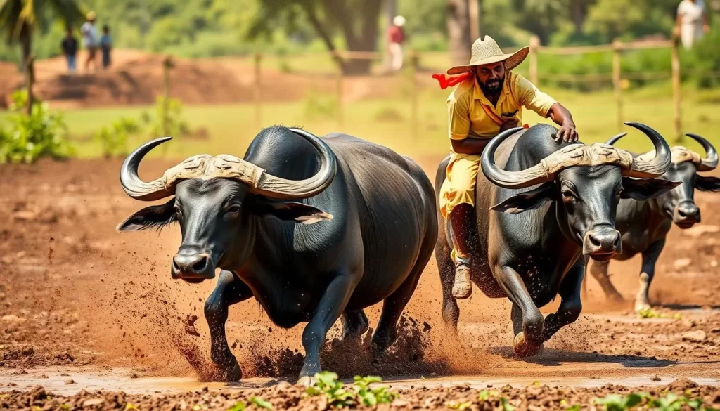 Generate an image of a Kambala buffalo race in progress, with a pair of buffaloes running through a slushy field guided by a farmer.