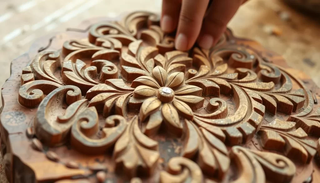 Generate an image of a Mah Meri wood carving (moyang) being crafted, highlighting the intricate details and cultural significance.