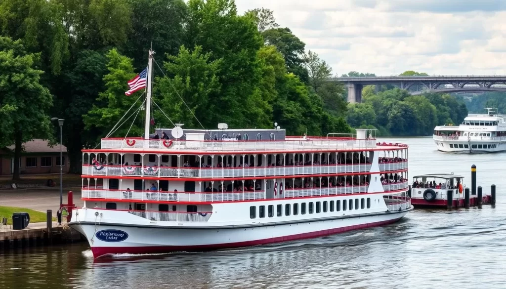 Generate an image of a Mississippi River cruise boat docked at Vicksburg's riverfront.