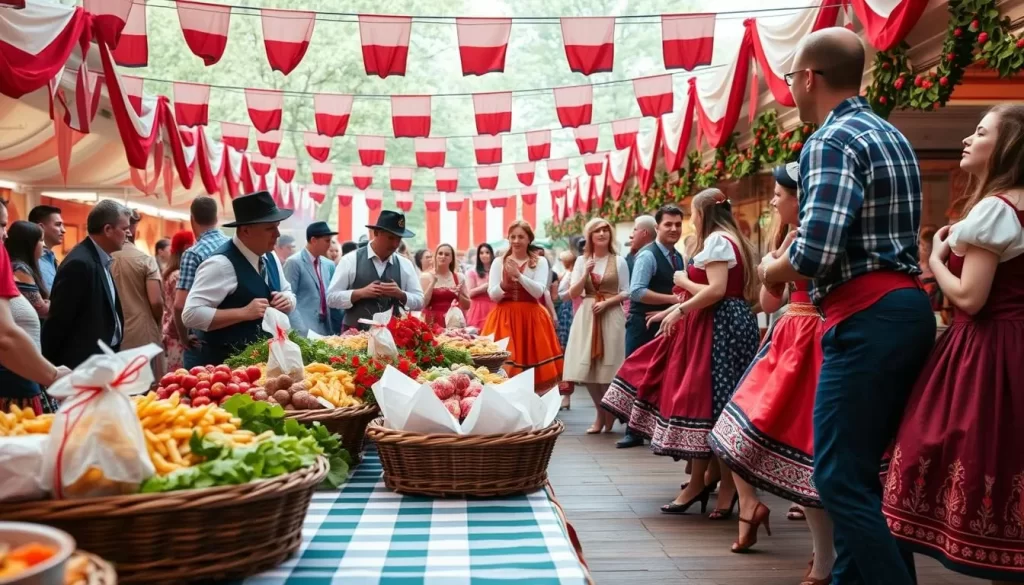 Generate an image of a Polish festival with traditional Polish food and folk dancers.
