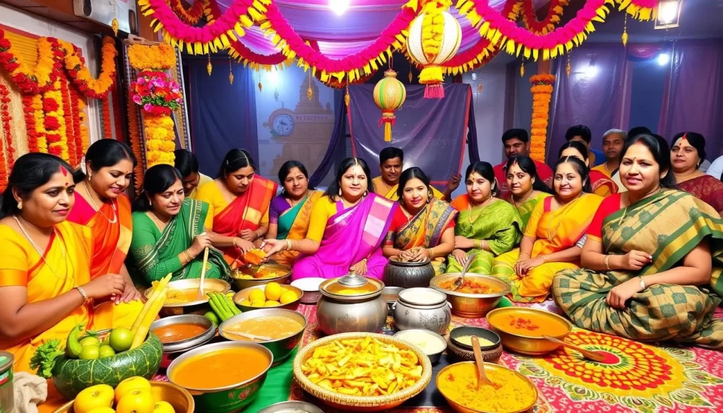 Generate an image of a Pongal celebration in Tamil Nadu, with traditional dishes and decorations.