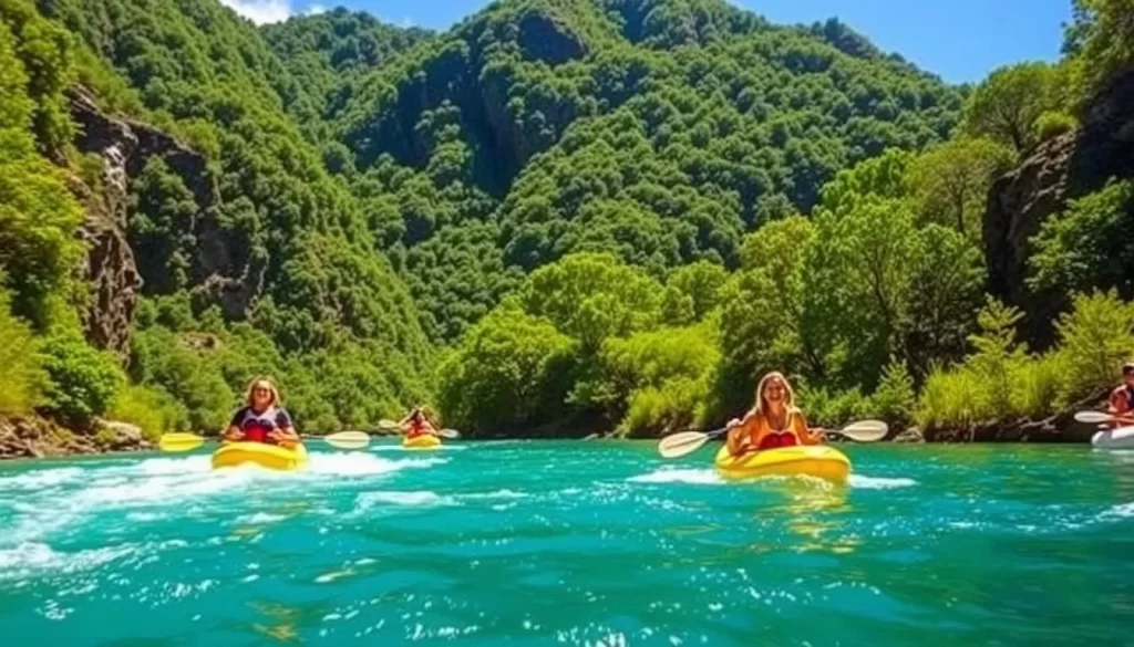 Generate an image of a Tsitsikamma Kayak and Lilo Tour navigating through the Storms River Gorge.