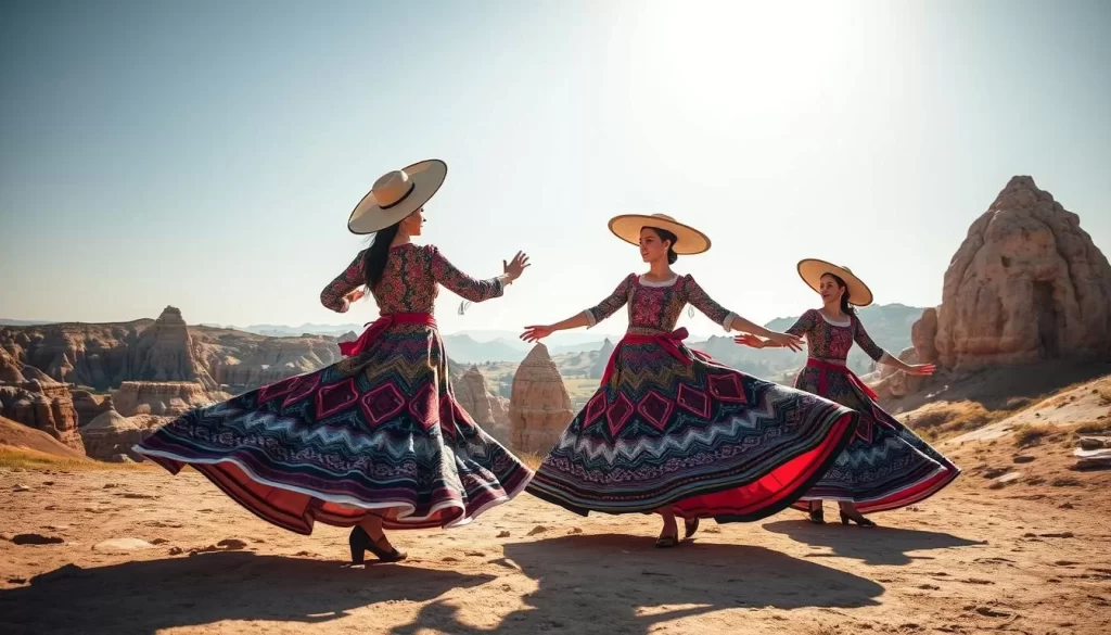 Generate an image of a Whirling Dervishes performance in Cappadocia.