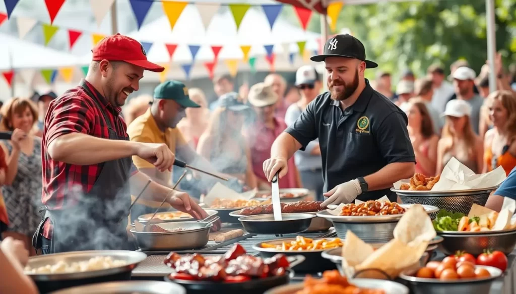 Generate an image of a barbecue cooking contest with grill masters competing and a crowd cheering.