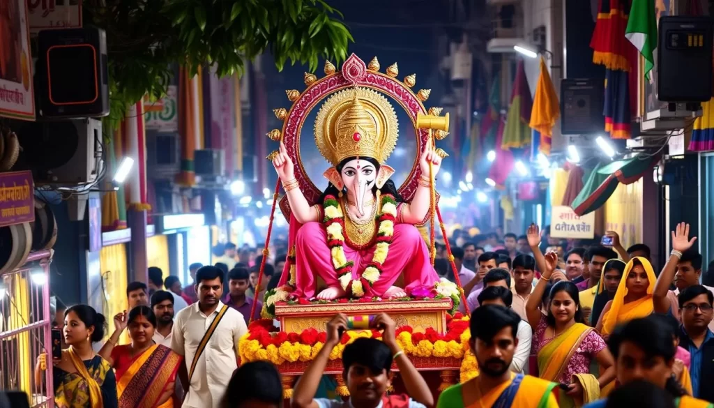Generate an image of a beautifully adorned Gangaur idol being carried in a procession.