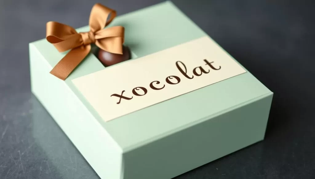 Generate an image of a beautifully crafted chocolate box with unique flavor combinations and a sign reading "Xocolat".