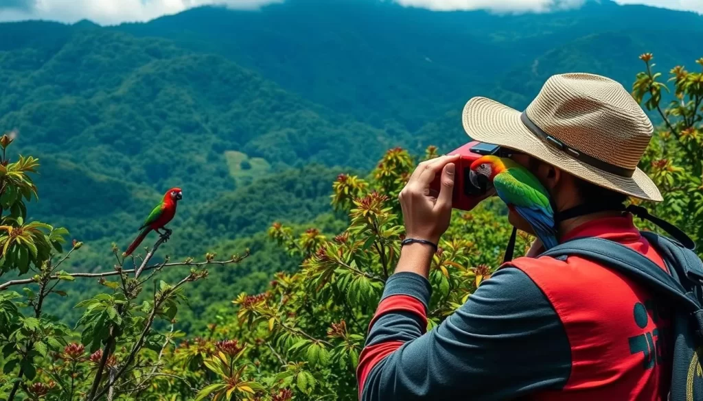 Generate an image of a bird watcher in Udzungwa Mountains National Park, surrounded by lush greenery and spotting a colorful bird.