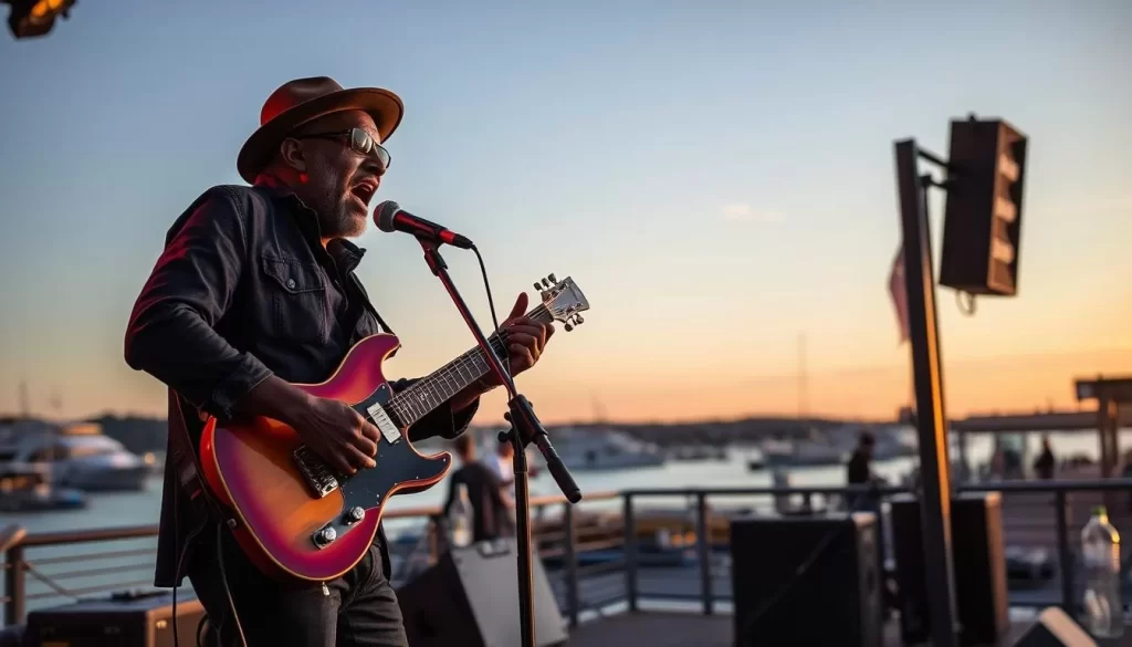 Generate an image of a blues musician performing on stage at the Rockland Public Landing with harbor views in the background.