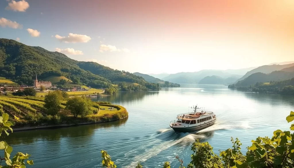 Generate an image of a boat cruising along the Moselle River, with vineyards and picturesque landscapes in the background.