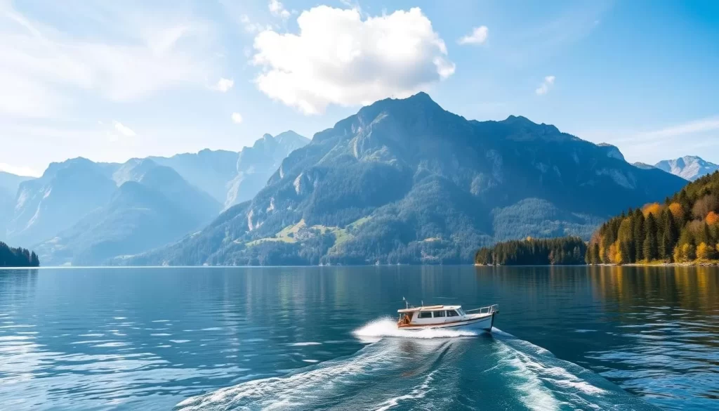 Generate an image of a boat sailing on Achensee with the surrounding mountains in the background.