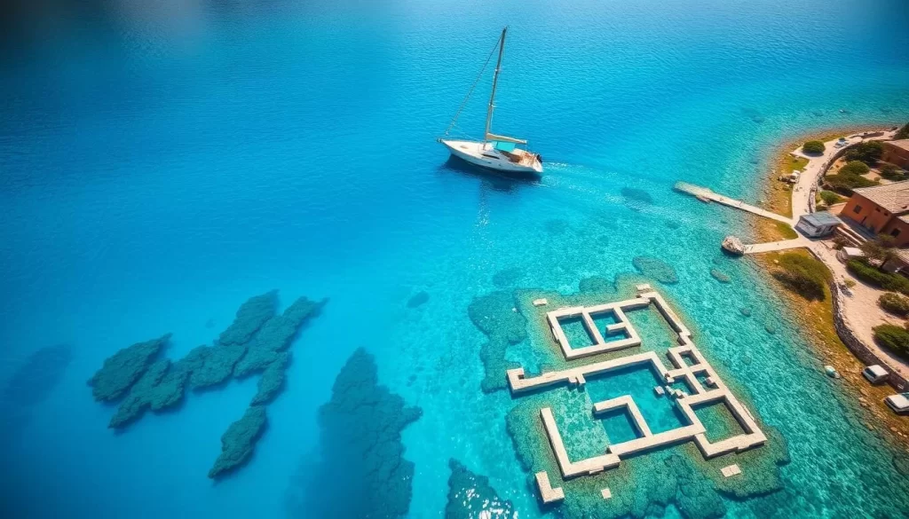 Generate an image of a boat sailing over the sunken city of Kekova, with ancient ruins visible beneath the clear waters.