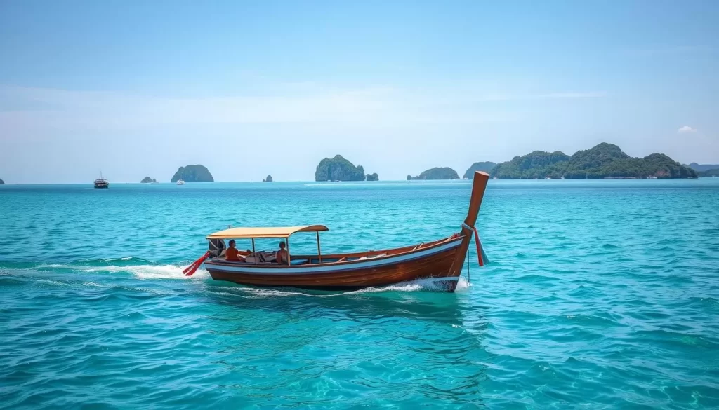 Generate an image of a boat sailing through the turquoise waters of Trang, Thailand, with islands in the background.