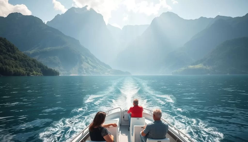 Generate an image of a boat tour on Lake Constance, capturing the serene atmosphere and surrounding mountains.
