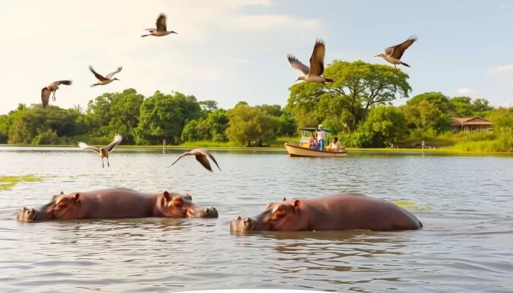 Generate an image of a boat tour on Lake Naivasha with hippos and birds in the surrounding area.