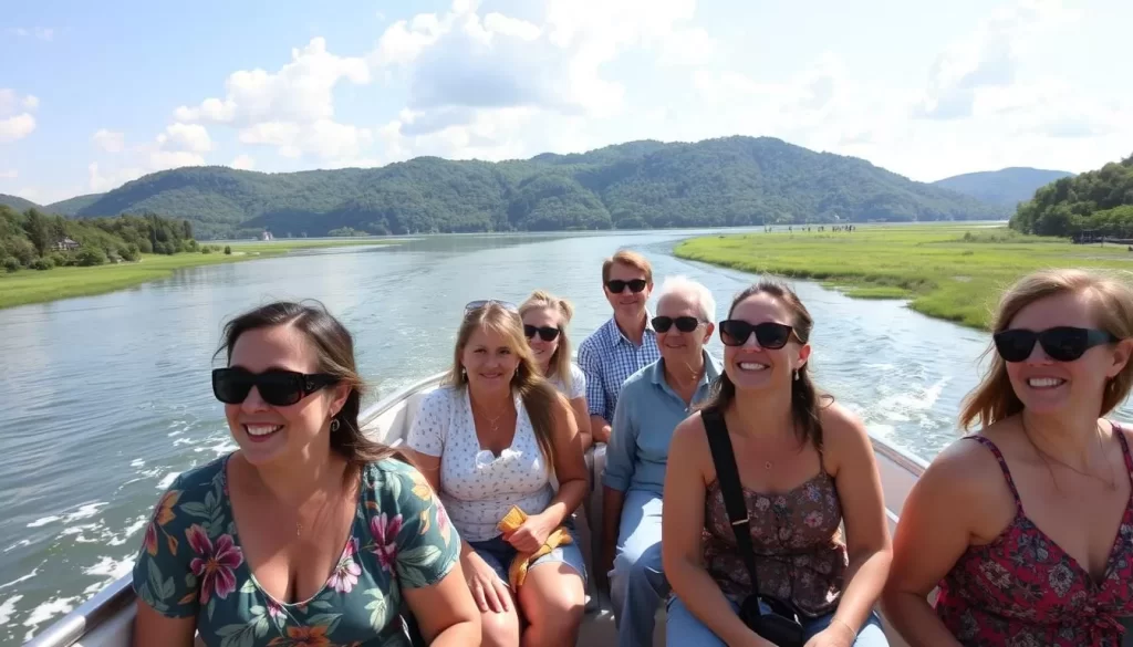 Generate an image of a boat tour on the Flint River, with passengers enjoying the scenic views of the surrounding landscape.