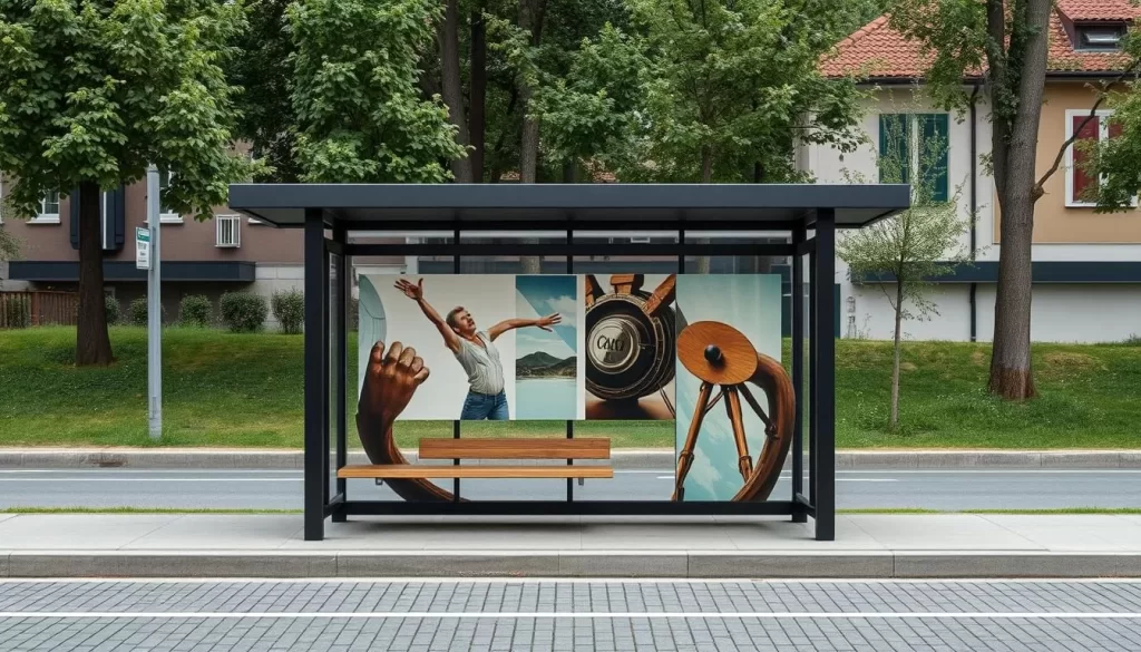 Generate an image of a bus stop in Krumbach designed by an international architect, serving as a mini art installation.