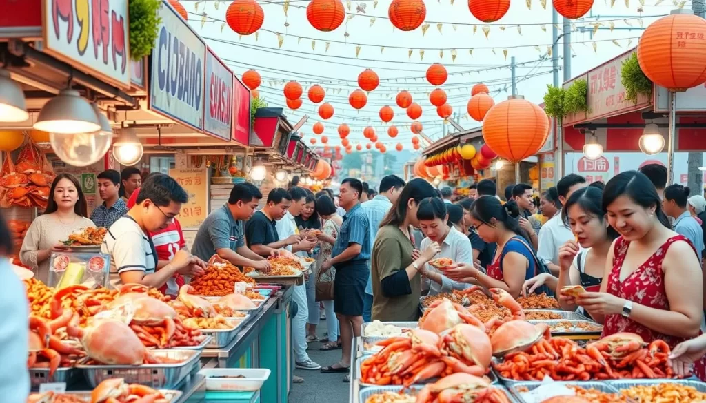 Generate an image of a bustling crab festival with seafood vendors and people enjoying crab dishes.