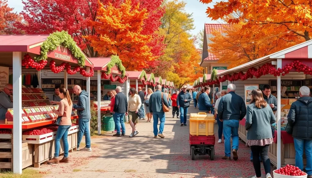 Generate an image of a bustling cranberry festival with cranberry-themed vendors, marsh tours, and a variety of cranberry products on display.