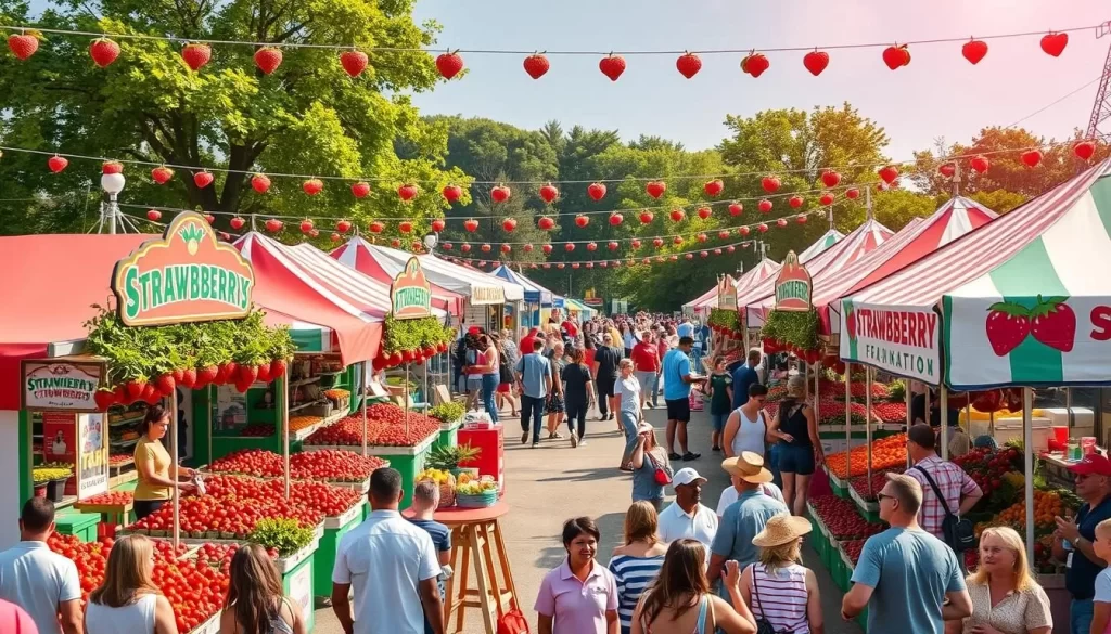Generate an image of a bustling festival ground with strawberry stands and happy attendees.