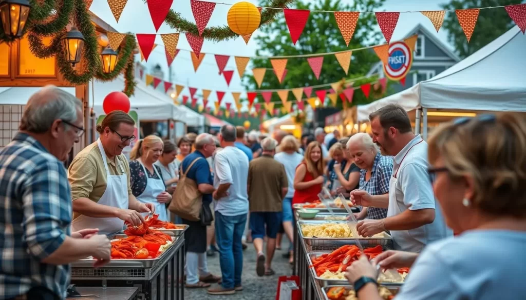 Generate an image of a bustling festival scene with people enjoying lobster dinners and cooking competitions in Rockland, Maine.