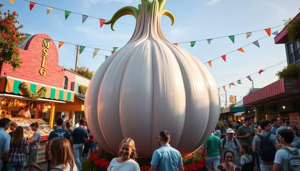 Generate an image of a bustling festival with a giant garlic bulb centerpiece, surrounded by food stalls and happy attendees.