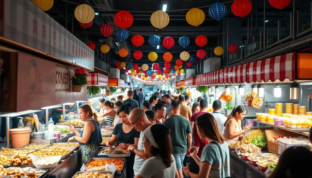 Generate an image of a bustling food festival with various food vendors and attendees enjoying different dishes.