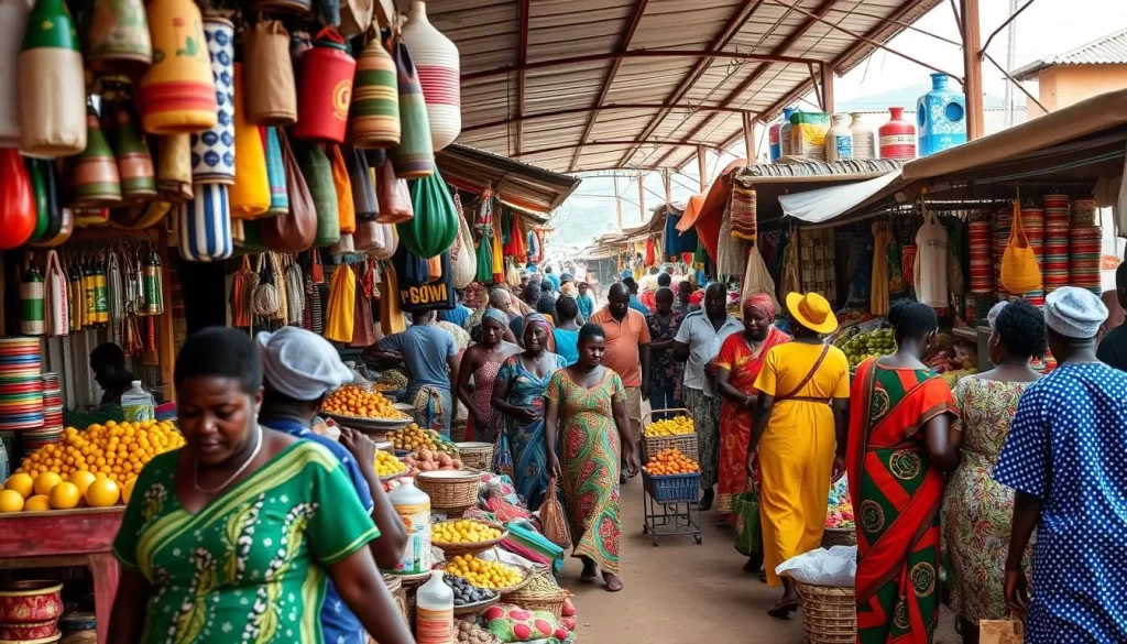 Generate an image of a bustling market scene in Sokodé, Togo, with vibrant colors and diverse local goods on display.