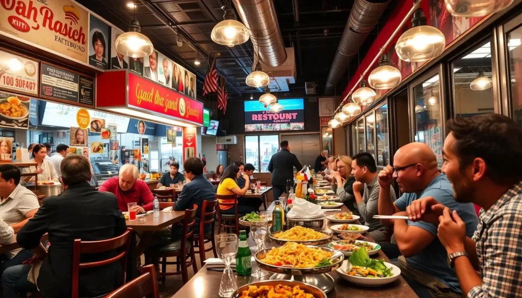Generate an image of a bustling restaurant scene in Ironbound, Newark, showcasing a variety of cuisines.