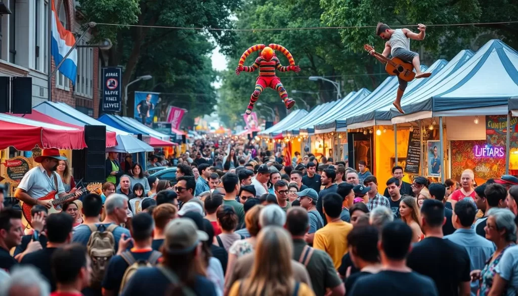 Generate an image of a bustling street festival with various street performers, including musicians, jugglers, and acrobats, amidst a crowd of onlookers.