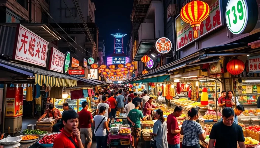 Generate an image of a bustling street food market in Bangkok's Chinatown at night.