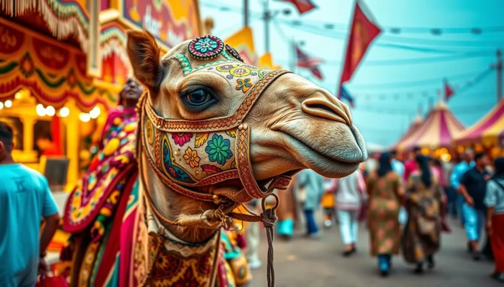 Generate an image of a camel decorated with vibrant colors and patterns, standing in the midst of a bustling fairground.