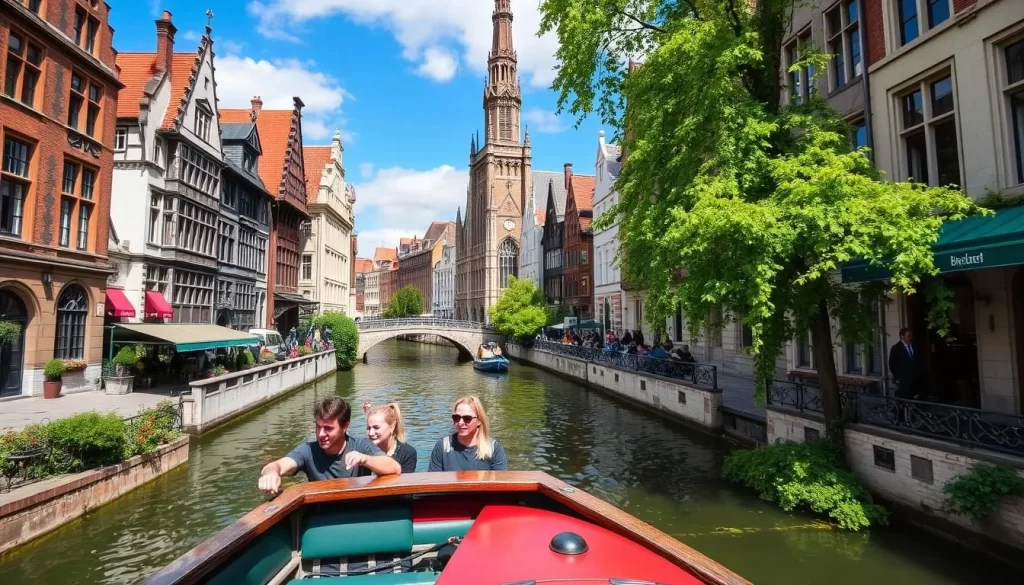 Generate an image of a canal boat tour in Ghent, Belgium, showcasing the city's medieval architecture and picturesque canals.