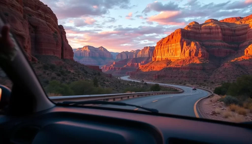 Generate an image of a car driving along the Little River Canyon Rim Parkway with a stunning canyon view