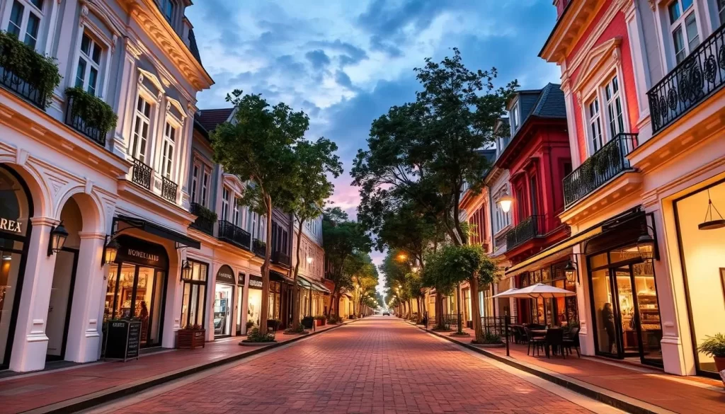 Generate an image of a charming street in Little Paris, Johor Bahru, with European-inspired shophouses, boutique stores, and cafes.