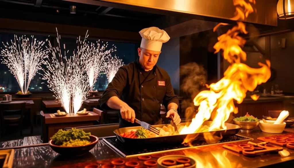 Generate an image of a chef preparing a teppanyaki meal with pyrotechnics at Maison Kasai.