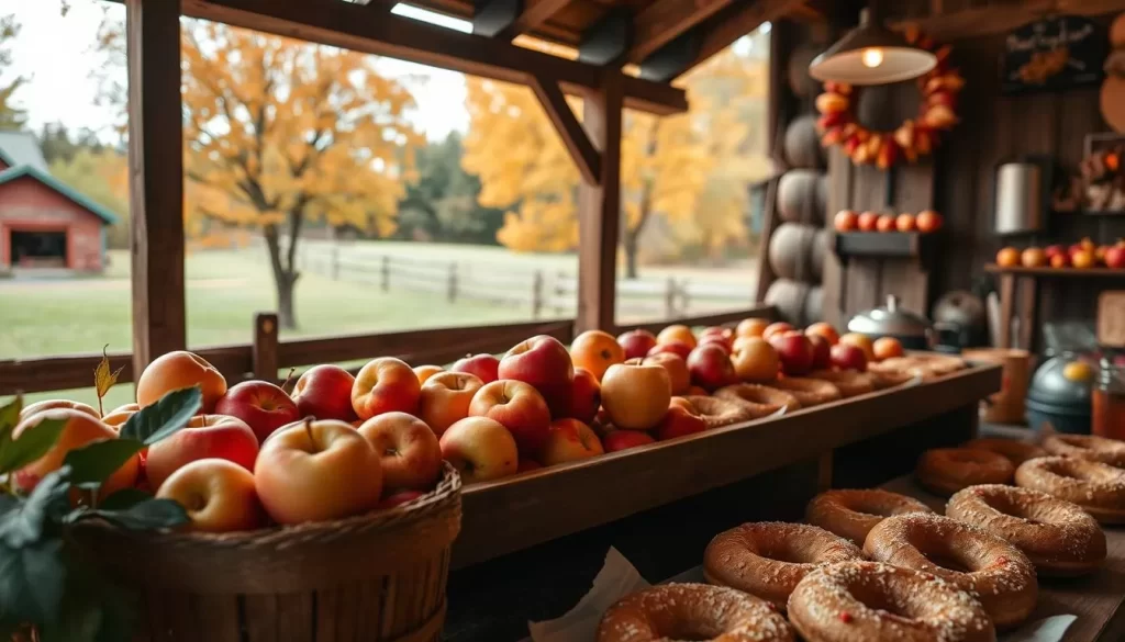 Generate an image of a cider mill with fresh apples and cider donuts