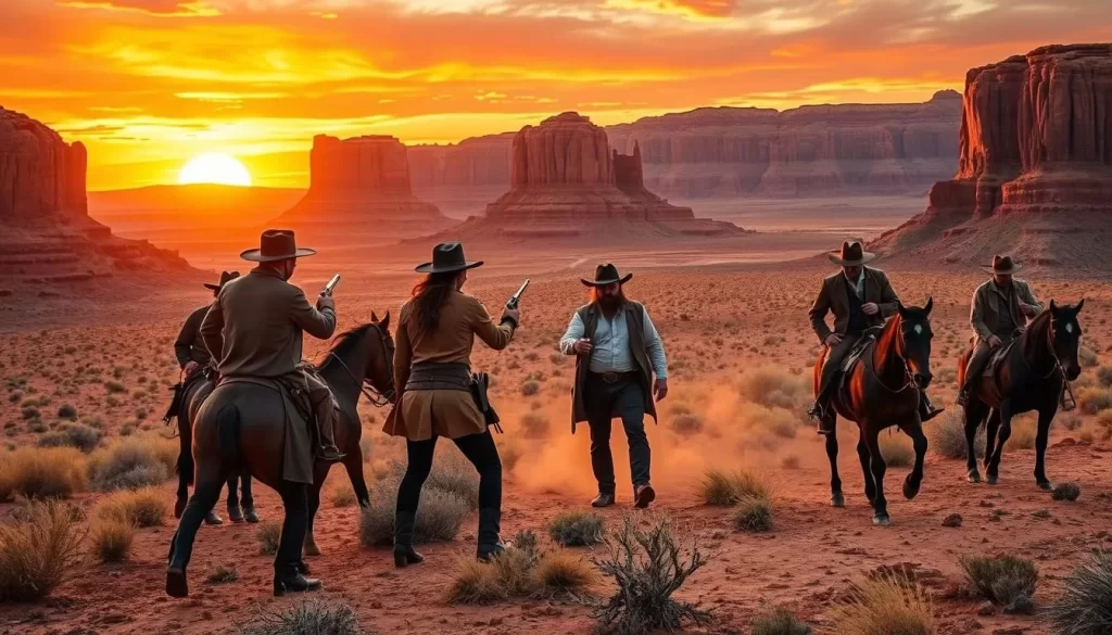Generate an image of a classic Western movie set in Kanab, Utah, with cowboys and outlaws.