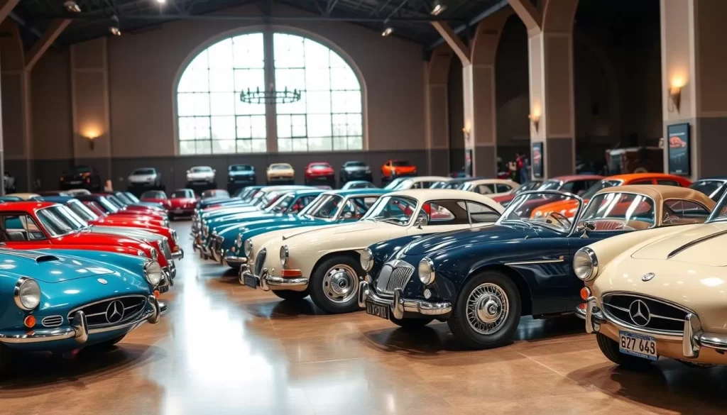 Generate an image of a classic car collection with over 100 cars on display